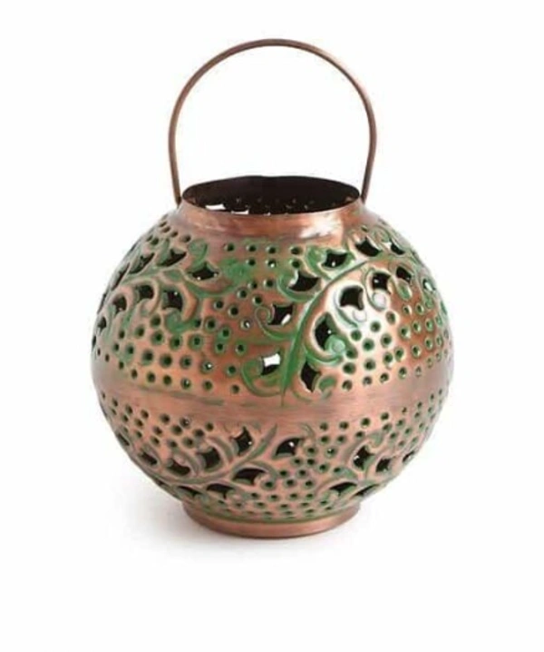 Antique Copper Iron Lantern With Handle In Green Patina Finish (Dia - 8in, H - 7.5in) - Free Size, Metal, Antique, Pack of 1